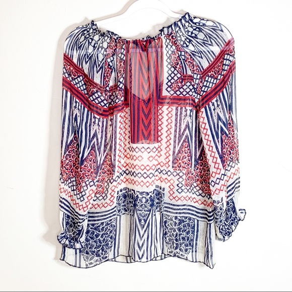 Lucky Brand Red Blue Printed Boho Bohemian Peasant Top Blouse Sheer Tunic Shirt - Picture 6 of 9